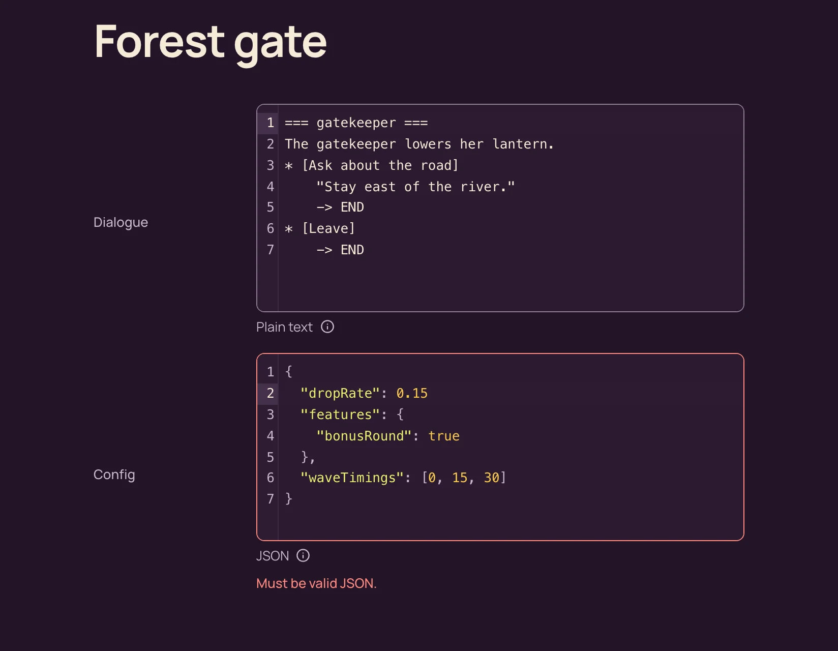 A JSON config field showing Must be valid JSON