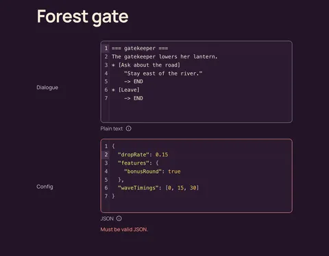 A JSON config field showing Must be valid JSON