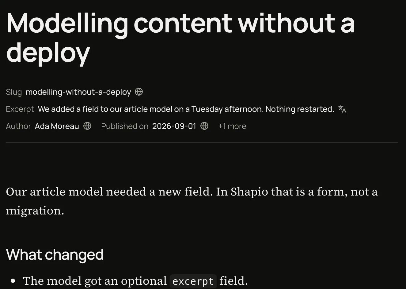 An article in the Shapio editor: title, slug, excerpt, author, publish date and the rich text body.