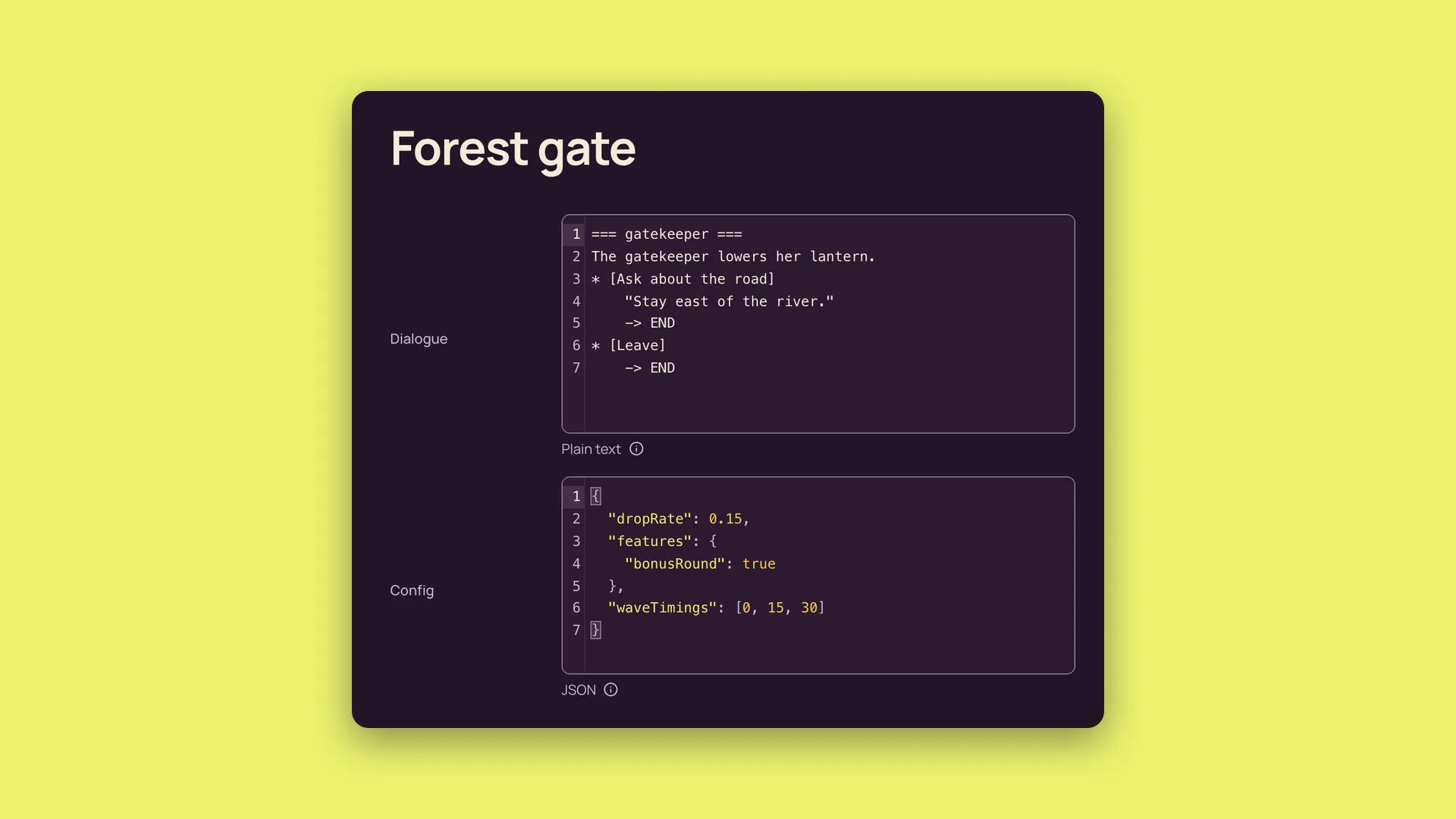 Two code fields in the Shapio admin: an ink dialogue script and a JSON config with highlighting.
