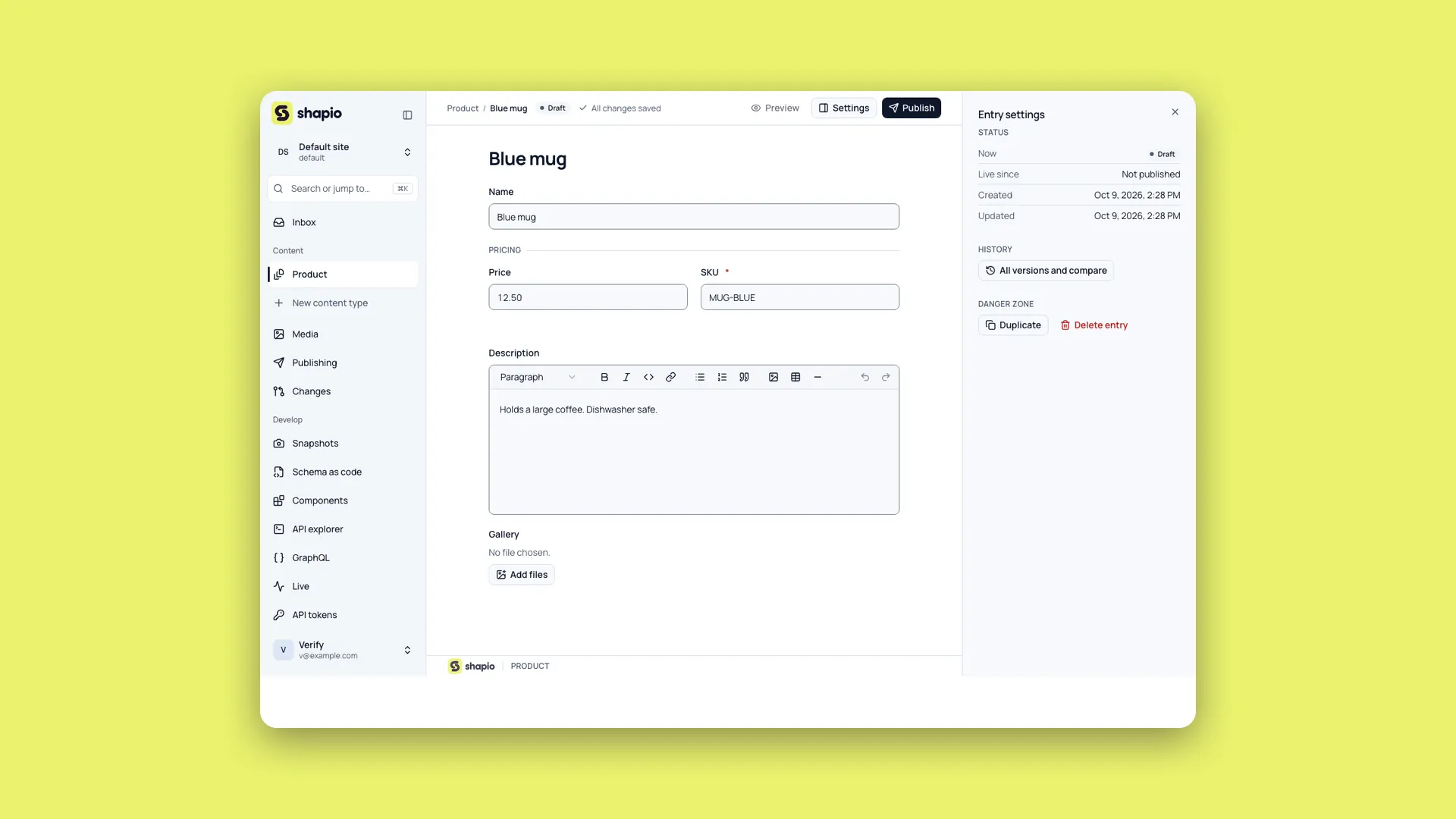 A product entry opened as a form in the Shapio admin: name, a Pricing group with price and SKU side by side, then the description