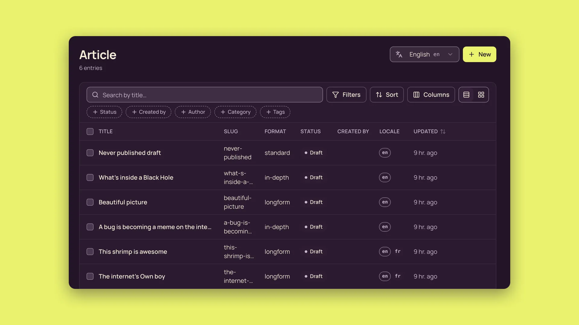 Articles imported from a Strapi 5 export, listed as drafts in the Shapio admin.