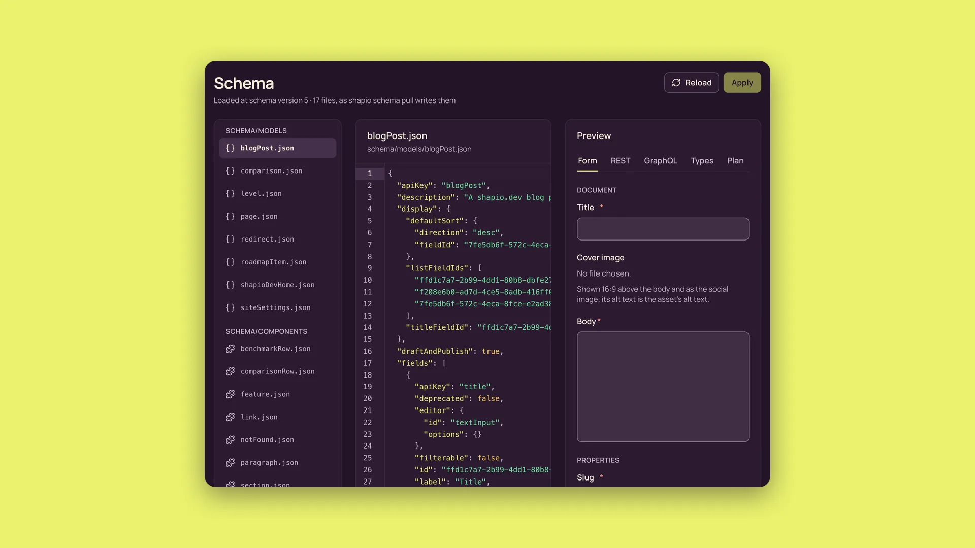 The Schema as code screen: model files, the JSON of blogPost.json and a live preview of its form.