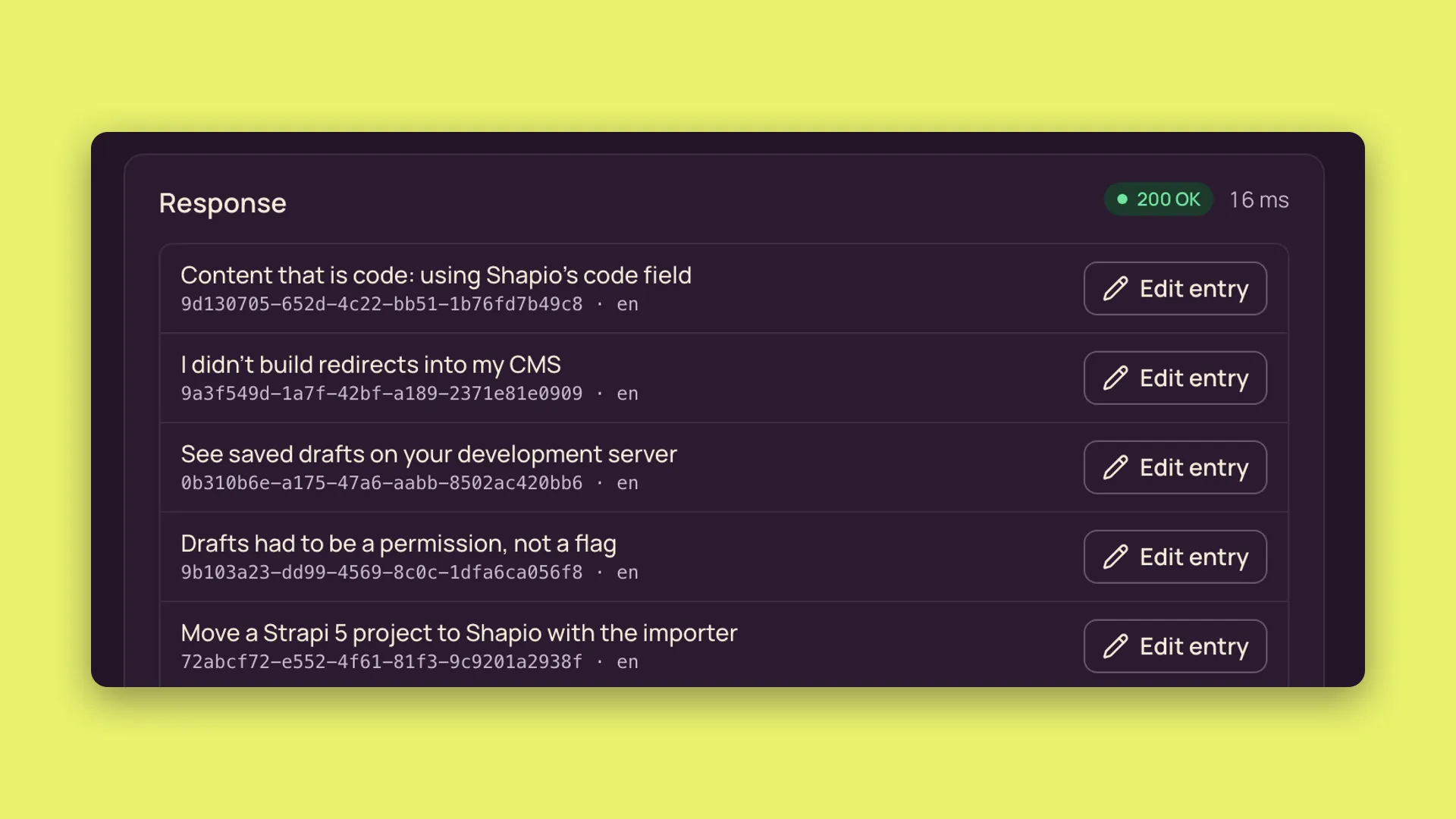 The API explorer in the Shapio admin: a 200 response listing the published blog posts.