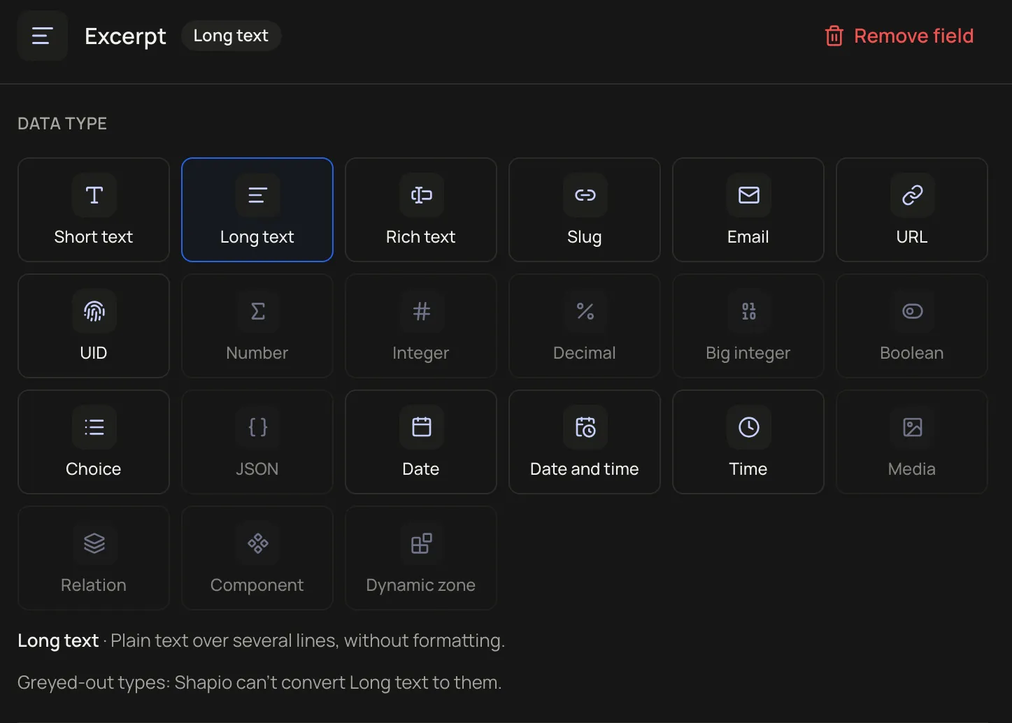 The data type picker for a field: short text, long text, rich text, slug, email, URL, number, date, media, relation, component and more.